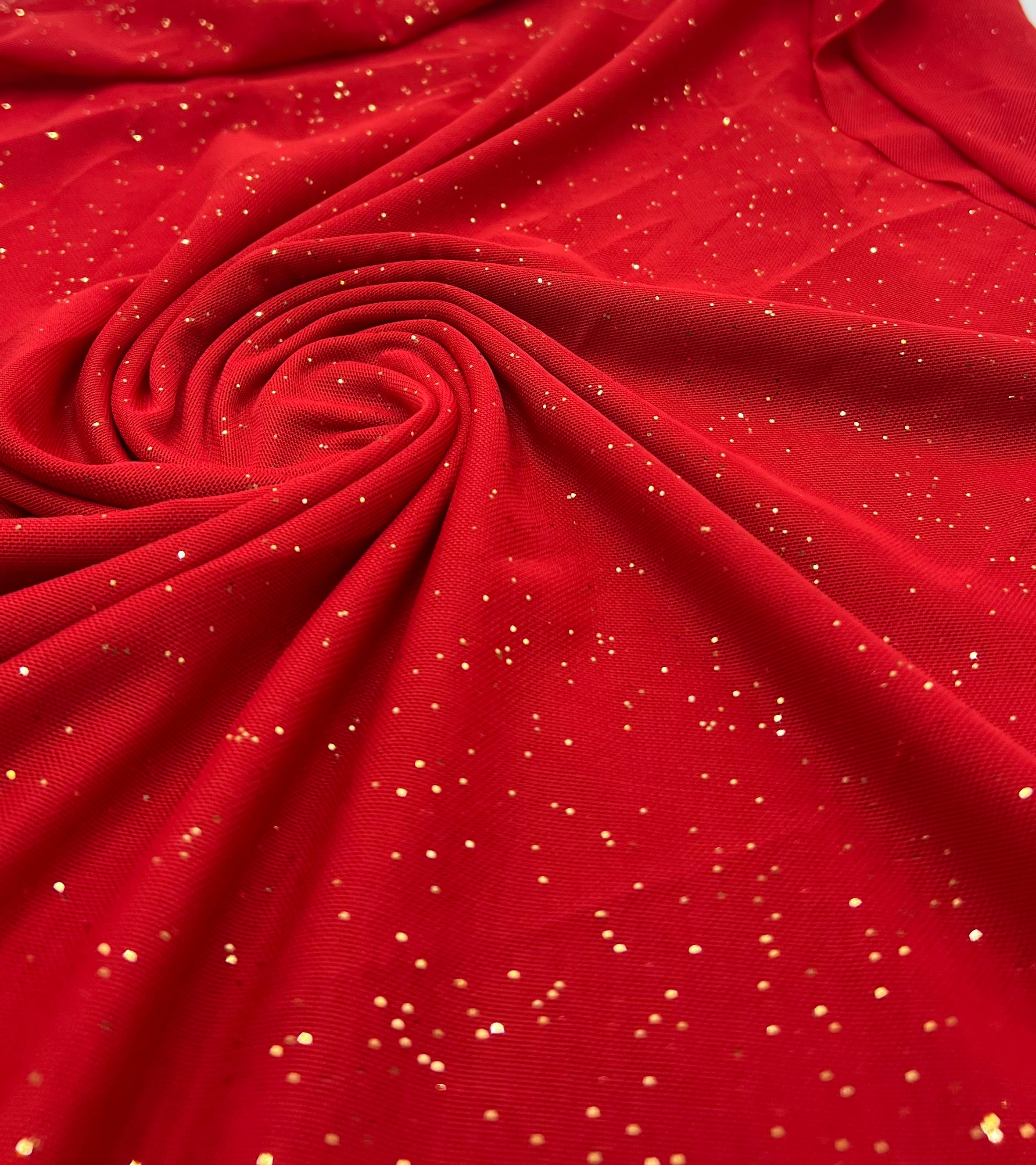 Red Gold Glitter Sparkle Mesh Fabric Stretch